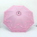 Tri-fold sun umbrella with four-layer lace edge, NC fabric canopy, vinyl lamination, and eight steel ribs in six colours