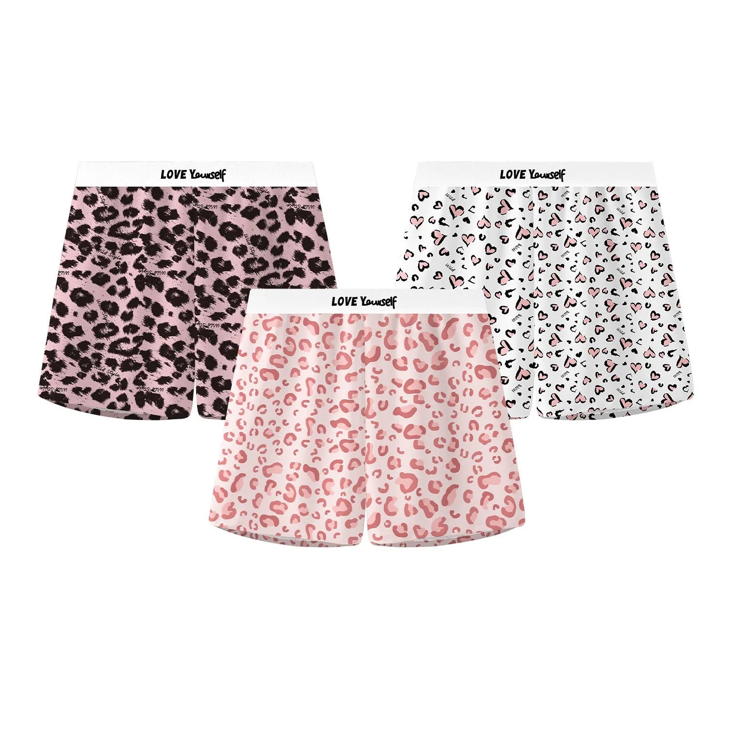 Men's leopard print loose woven boxer briefs in Ice Silk fabric on a neutral background.