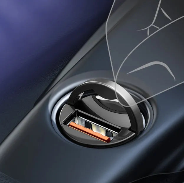 Baseus electro-optical grey 30W PPS fast-charge USB car charger with one-metre cable.