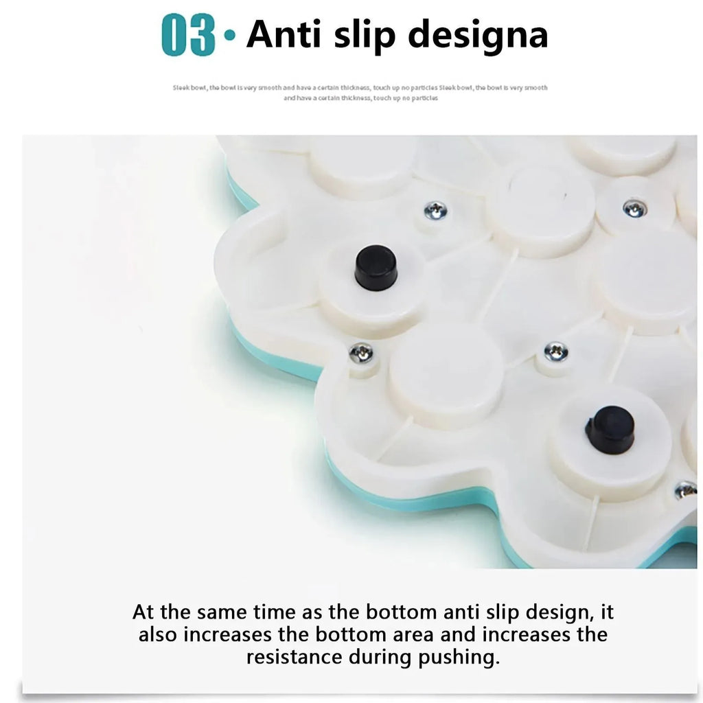 Flower-shaped blue dog puzzle slow bowl with multiple feeding compartments