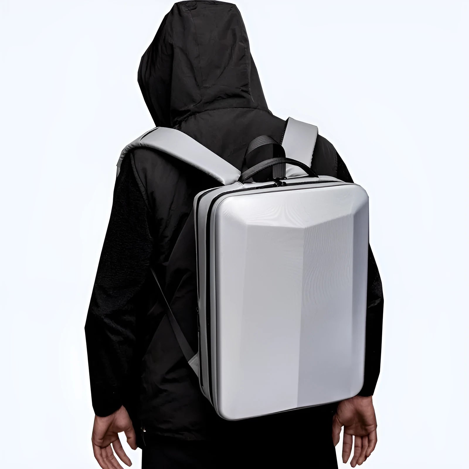 Men's waterproof business backpack in black and silver white colours showing street trend styling