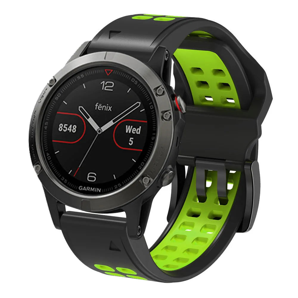 Two-tone silicone watch strap with quick release mechanism and ventilation holes in black and orange colour
