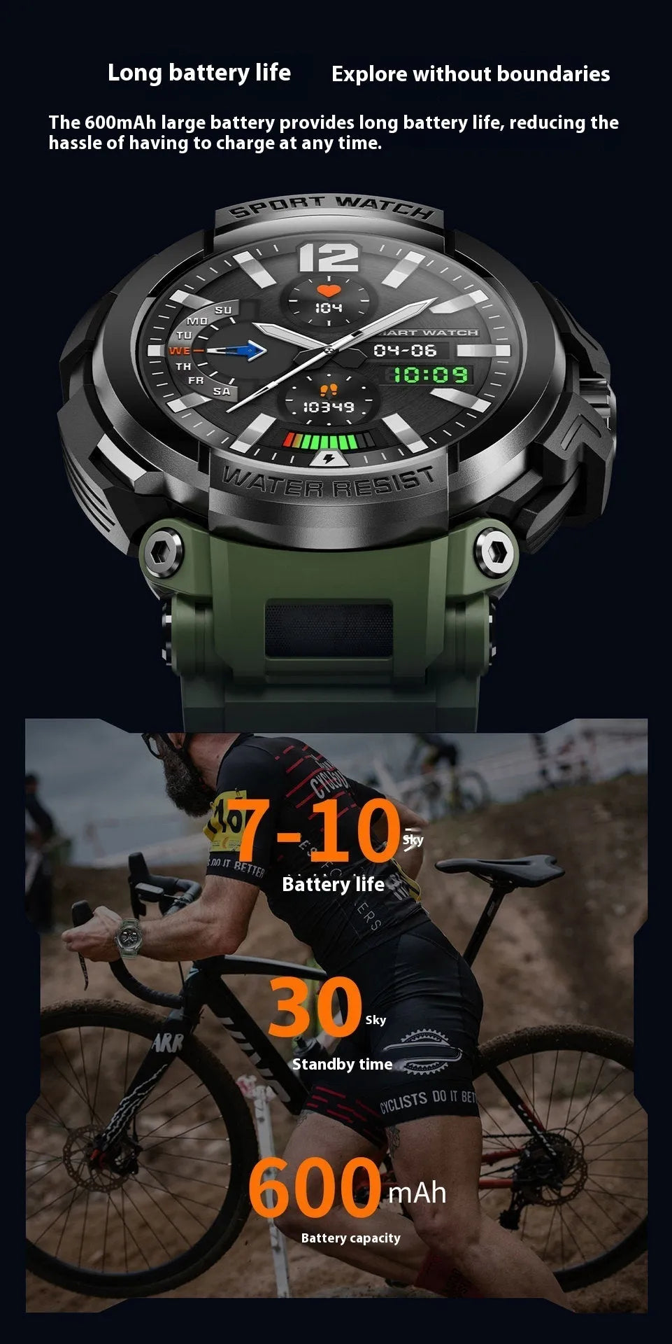 Smart watch in black with TFT screen showing heart rate display, Bluetooth calling function, and health monitoring features