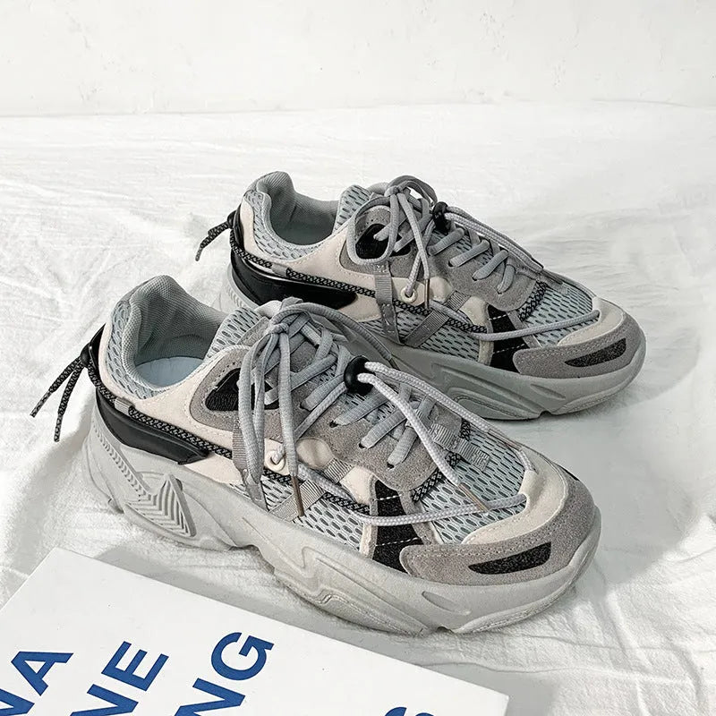Men's Korean style platform dad shoes in white, black, or grey with lace-up front and mesh lining