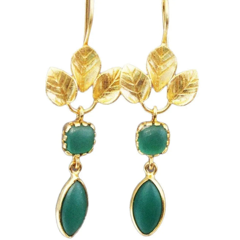 Gold copper earrings with water drop shape, French leaves tassel, and zircon detail.