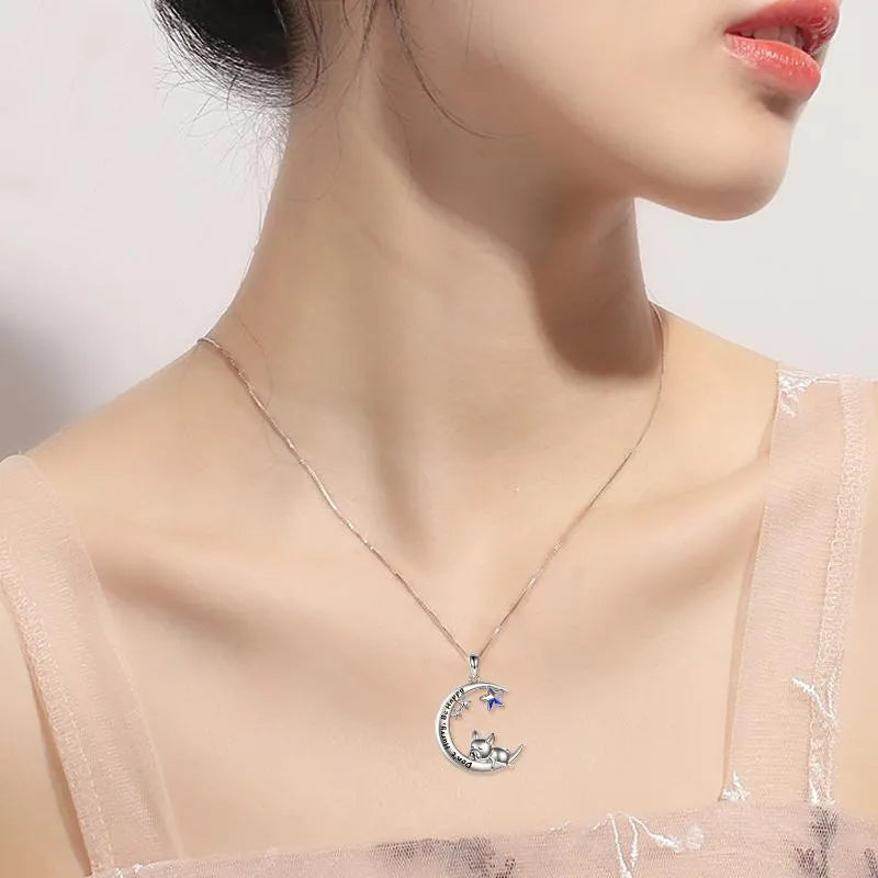 Sterling silver French Bulldog moon pendant necklace with crystal accent on 18-inch box chain