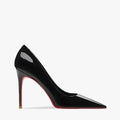 Women's pointed low-cut patent leather stiletto heels in black solid colour with stiletto heel and pointed toe