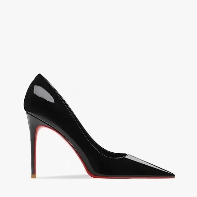 Women's pointed low-cut patent leather stiletto heels in black solid colour with stiletto heel and pointed toe