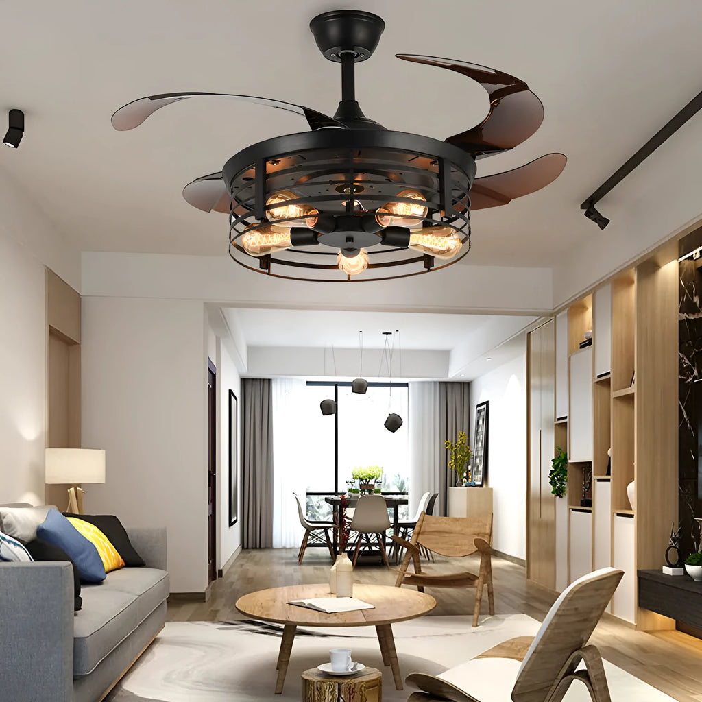 Industrial-style ceiling fan light with acrylic blades and shade, mounted flush to a white ceiling, with a remote control.