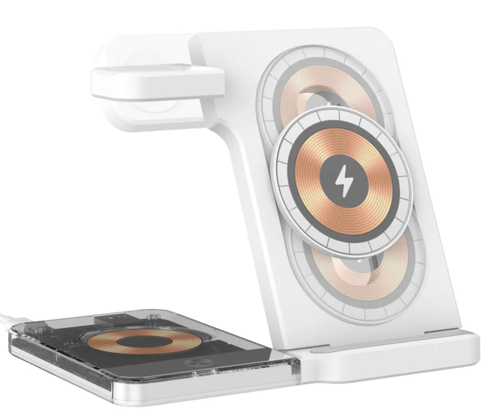 Black and white foldable three-in-one wireless charging stand for phone, watch, and earbuds on a desktop