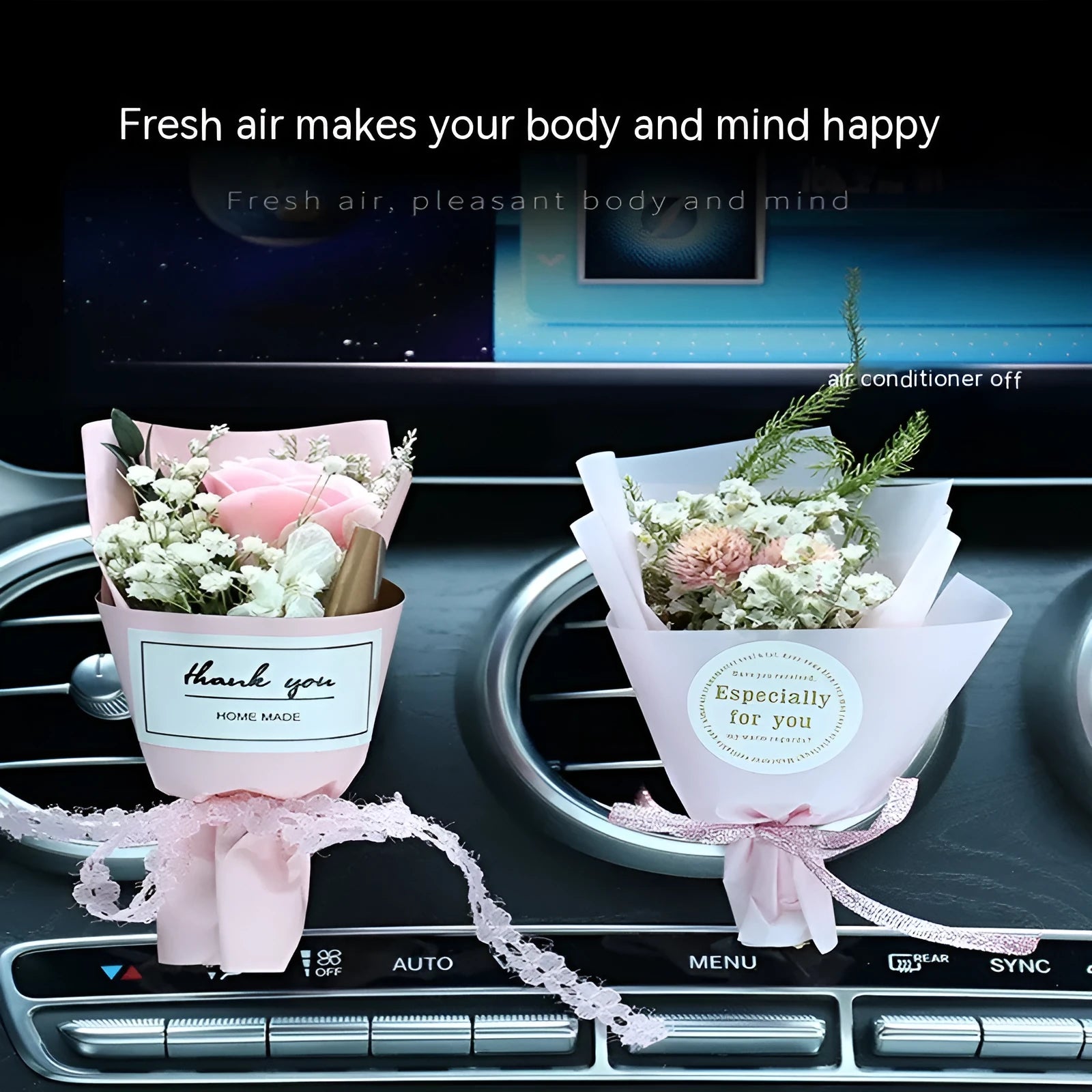 Car air conditioning vent clip with dried flower ornament and perfume bottle in various colour options