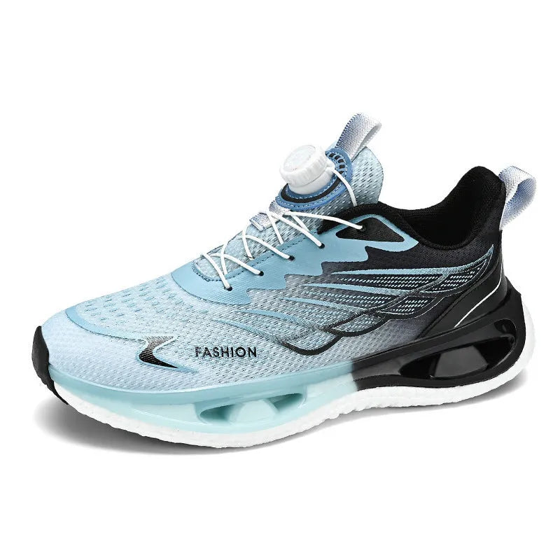 Men's low-top rotating button sneaker in black, light blue, or white and blue, with mesh or leather upper.