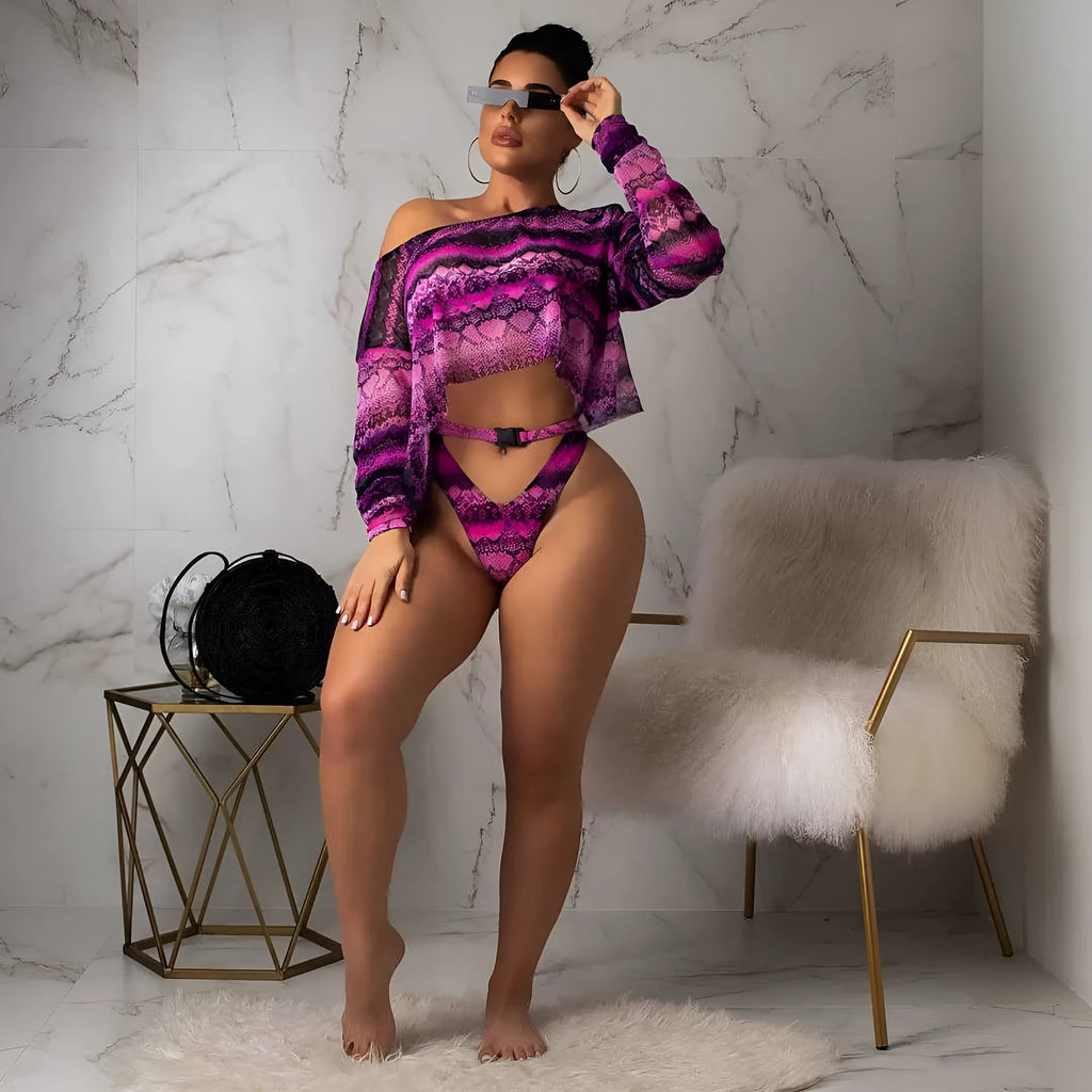 Women's snakeskin print polyester bikini set with long sleeves and shorts in purple, blue or green