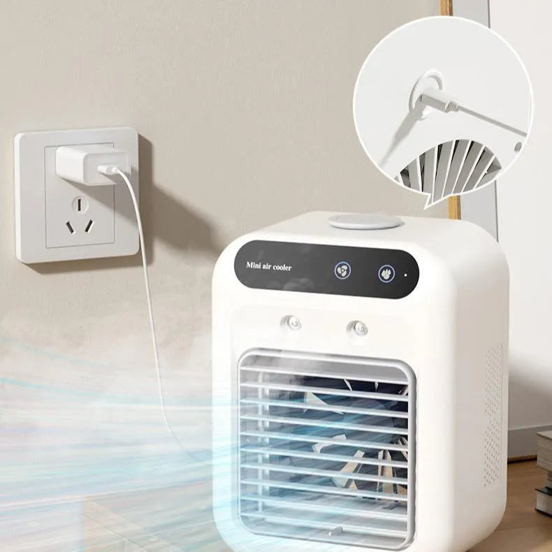 Ivory white portable USB air cooler fan with touchscreen controls and water tank