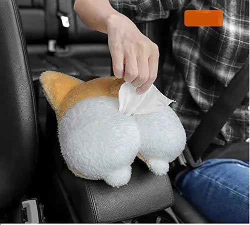 Yellow soft plush corgi butt-shaped tissue box cover with elastic back for car visor.