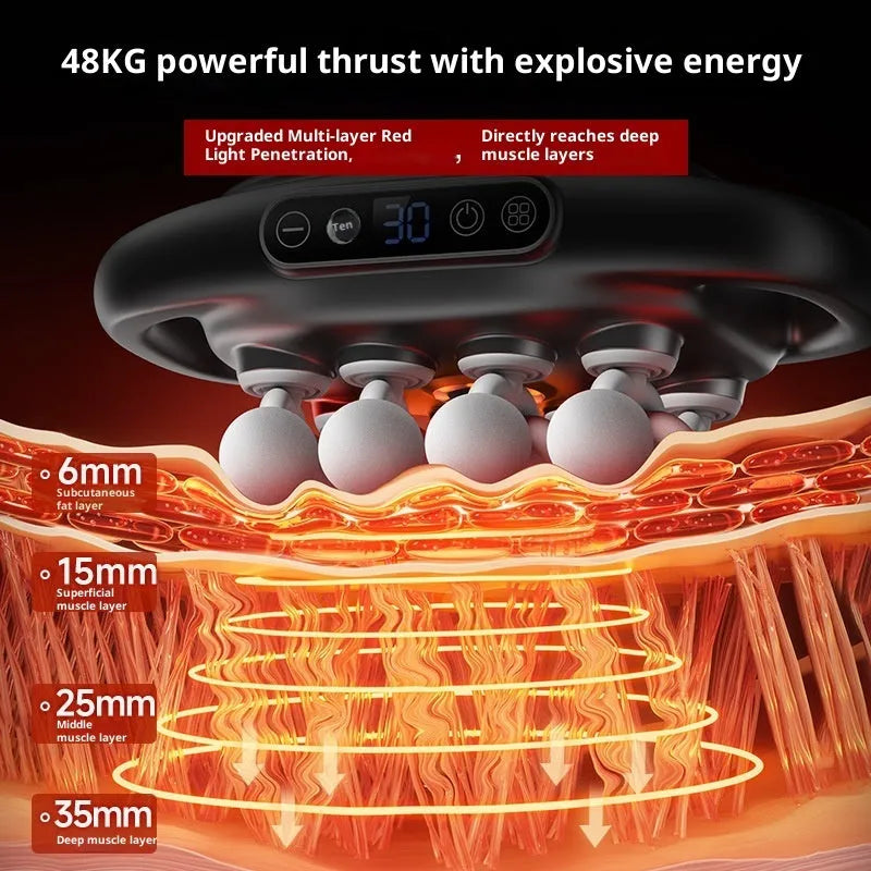 Black multi-head percussion massager with LED screen for calf, back, and waist muscle relief
