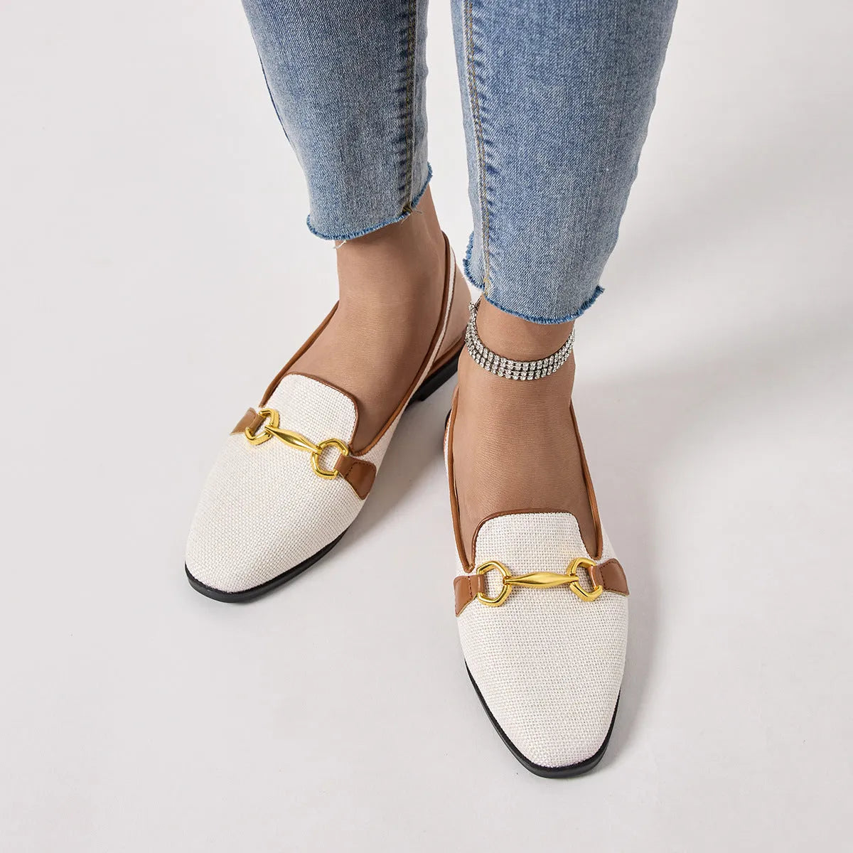 Women's closed toe chunky heel half slippers with linen upper and rubber sole in black and brown sizes 35-41