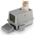 Grey enclosed cat litter box with foot pedal for hands-free opening.