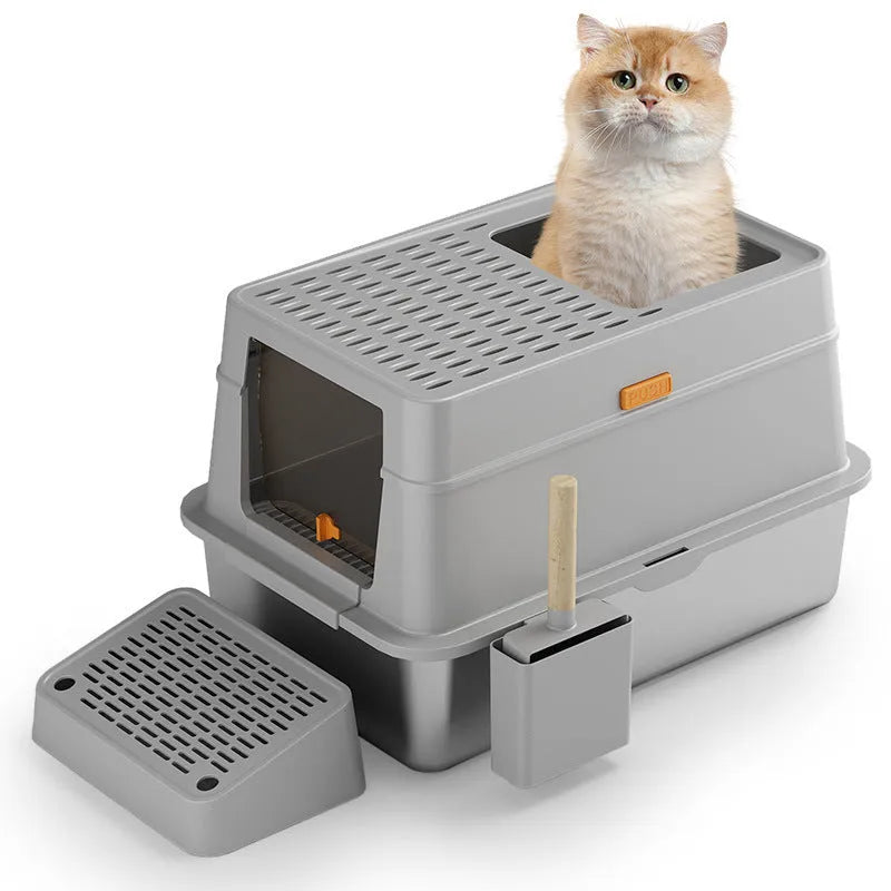 Grey enclosed cat litter box with foot pedal for hands-free opening.
