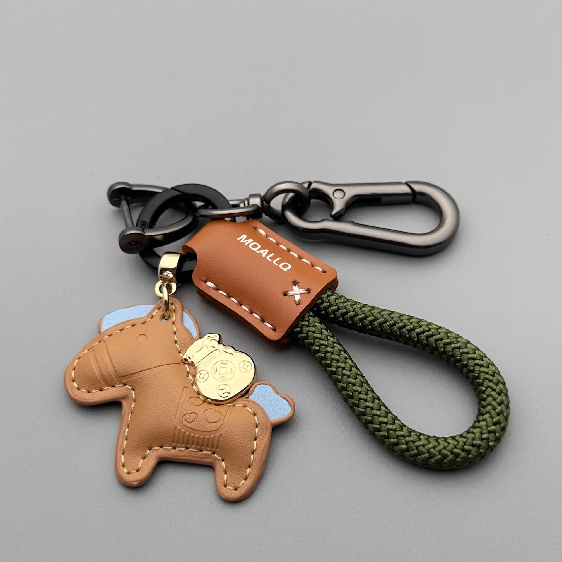 Handmade zinc alloy pony belt buckle keychain pendant on a flanelle rope loop.