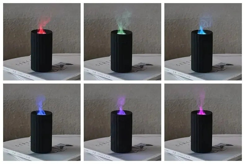 Black and white air humidifier with flame effect lighting and essential oil diffuser function