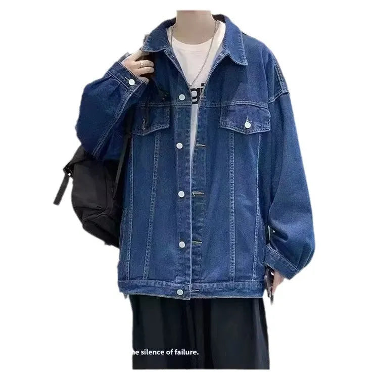 Loose-fitting denim jacket in dark blue, light blue, or black with long sleeves and straight hem, sizes M-3XL