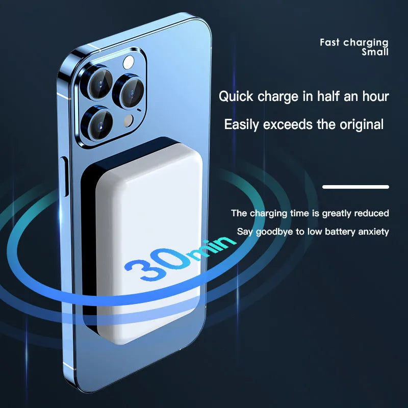 Pink, purple and white magnetic wireless power bank showing 20000mAh capacity and compact size.