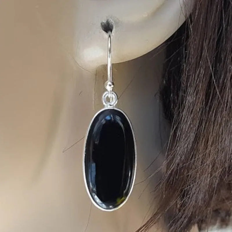 Women's 925 silver earrings with oval black agate pendants and geometric Chinese styling