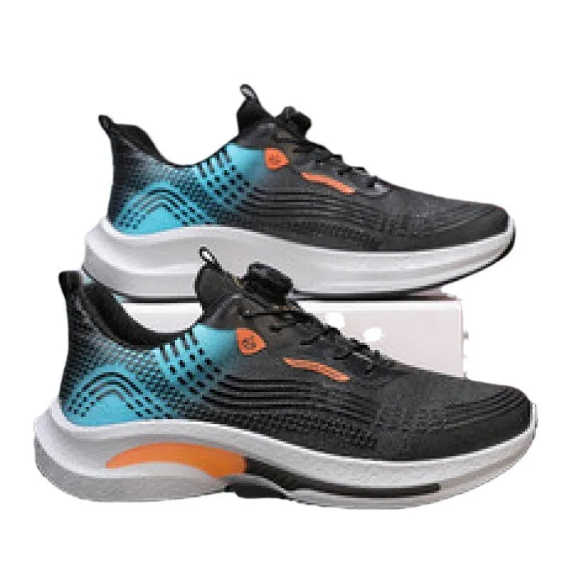 Men's white and blue mesh sneaker with a rotating buckle and rubber sole.