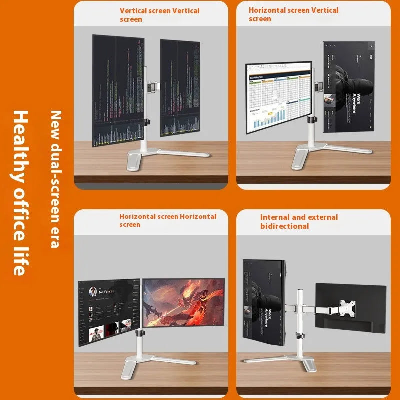 Dual-screen display riser base bracket with horizontal and vertical rotation, cold rolled steel construction, black base
