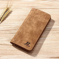 Long men's bi-fold PU leather wallet in brown with car suture stitching, open showing card slots and bill holder