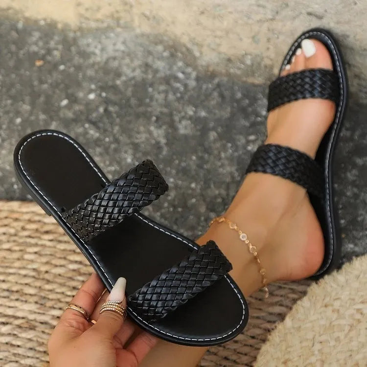 Gold woven women's beach slipper with synthetic leather upper and PVC sole, shown in size 39.