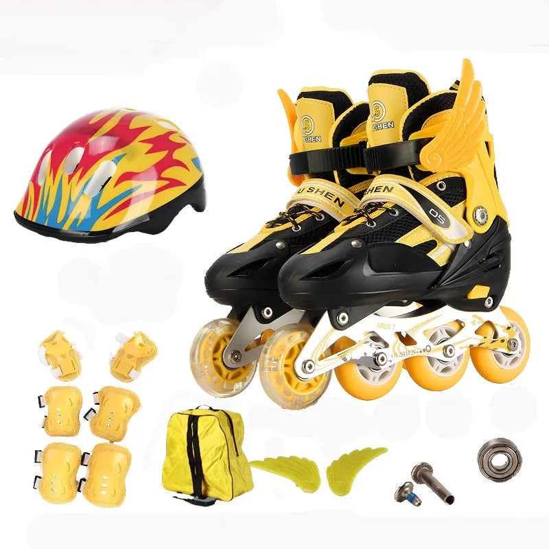 Children's adjustable roller skates in multiple colours with helmet and protective gear set.