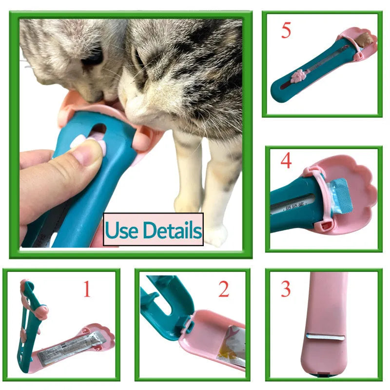 Green pet food squeezer spoon with silicone tip for dispensing liquid pet foods