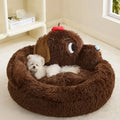 A plush grey sofa bed for small dogs or cats, shown in Medium and Large sizes.