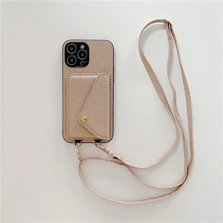 Lychee pattern card holder phone case with envelope diagonal card slot for iPhone, detachable rope