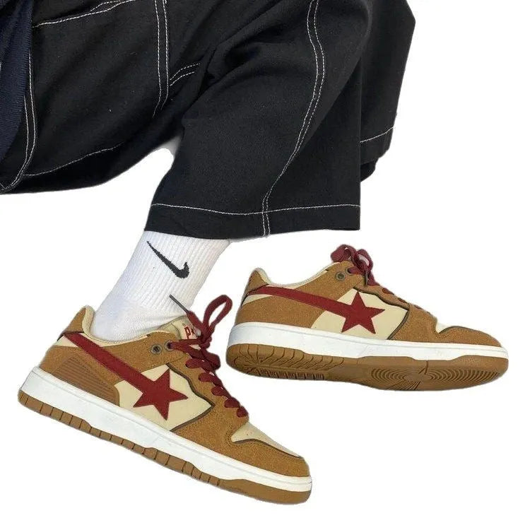 Brown women's platform sneakers with sequin accents and rubber soles