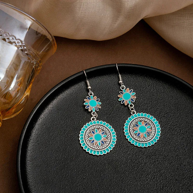 Exaggerated retro bohemian round sunflower drop earrings in blue colour option