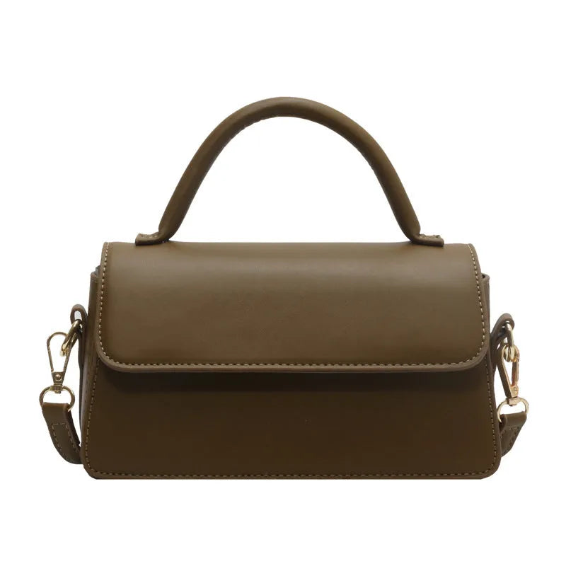 Retro textured solid colour PU shoulder bag in horizontal square shape with sewing thread detail