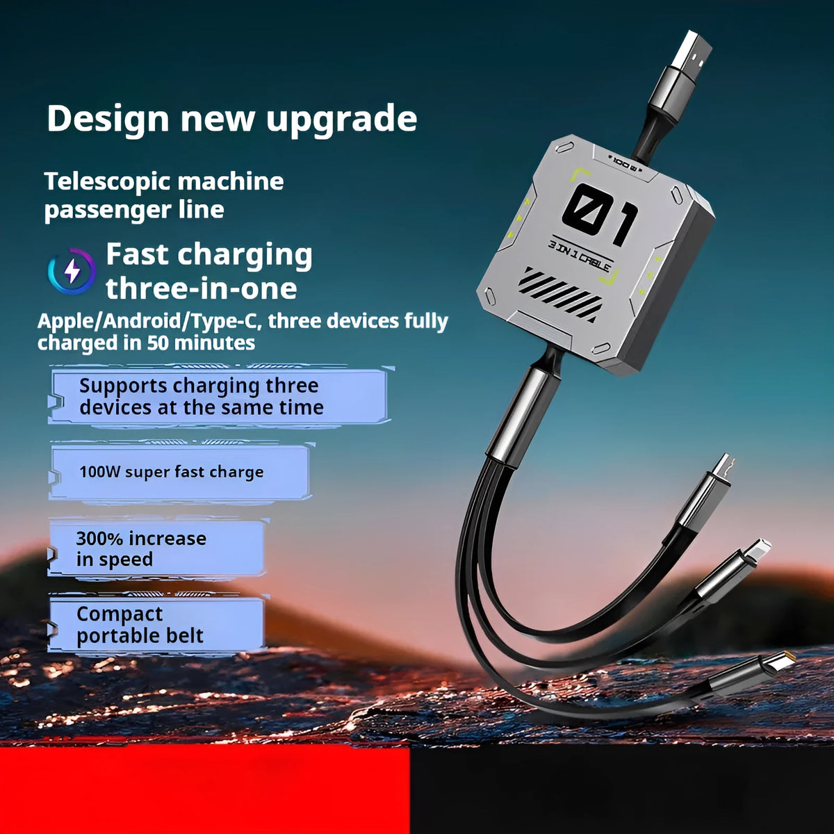 Three-in-one telescopic data cable with 100W super fast charge, grey black, mini USB interface
