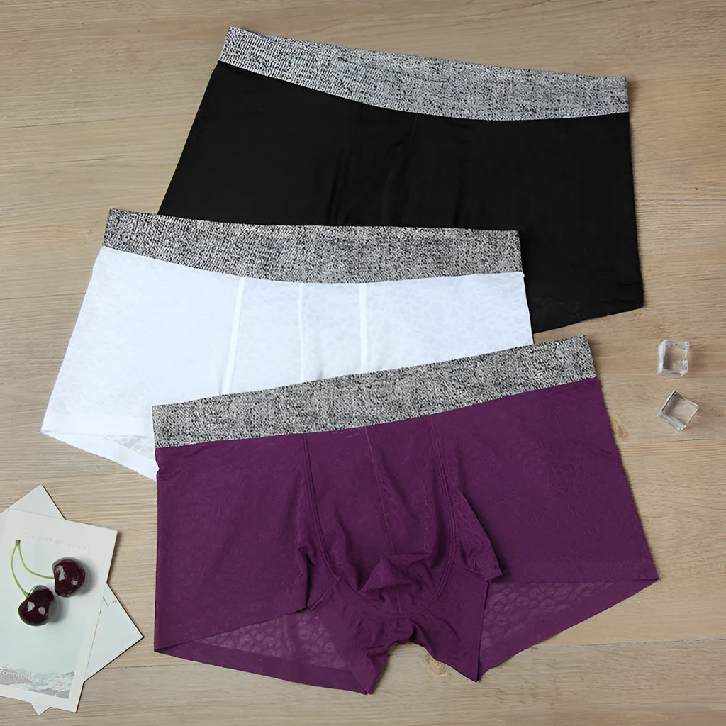 Men's lace boxer briefs in seven colours with seamless construction and low waist design