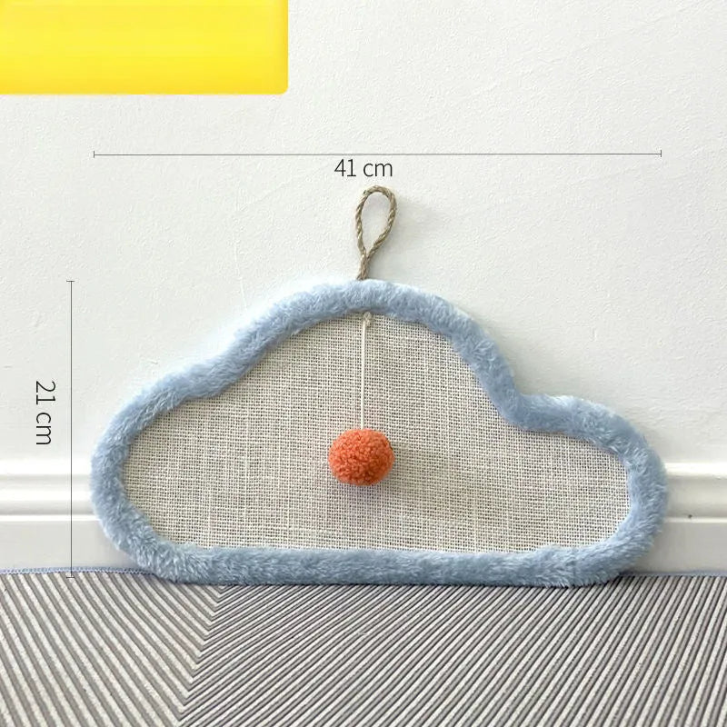 White wall-mounted cat scratching mat with cartoon cat design made from natural sisal