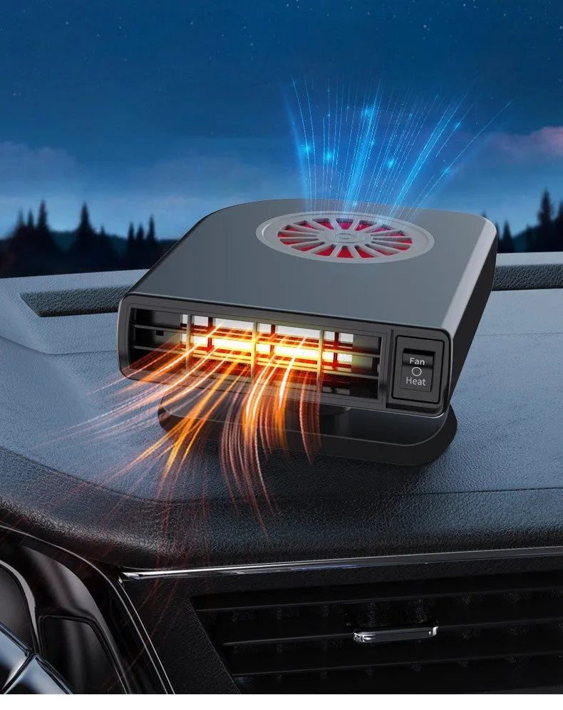 Black ABS plastic 12V car heater for defrosting windscreens and purifying cabin air.