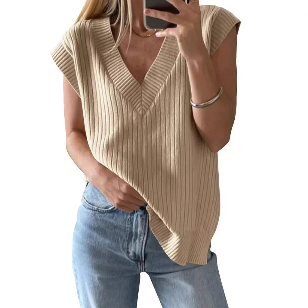 Women's V-neck sleeveless vest in thin viscose fabric with striped pattern, loose fit