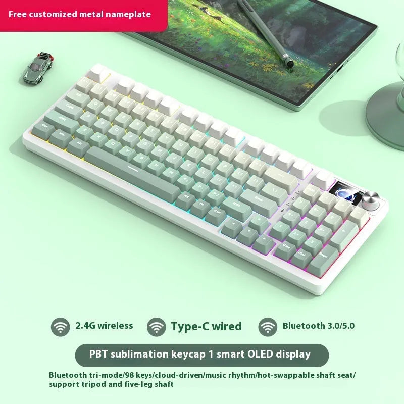 98-key wireless Bluetooth mechanical keyboard kit with metal knob on desk