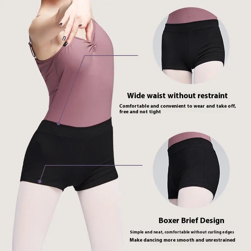 Black women's cotton dance shorts for ballet practice and fitness exercise.