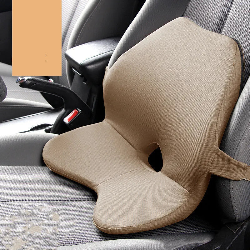 Car lumbar support cushion with memory foam, shown in beige colour, alongside a matching headrest option.