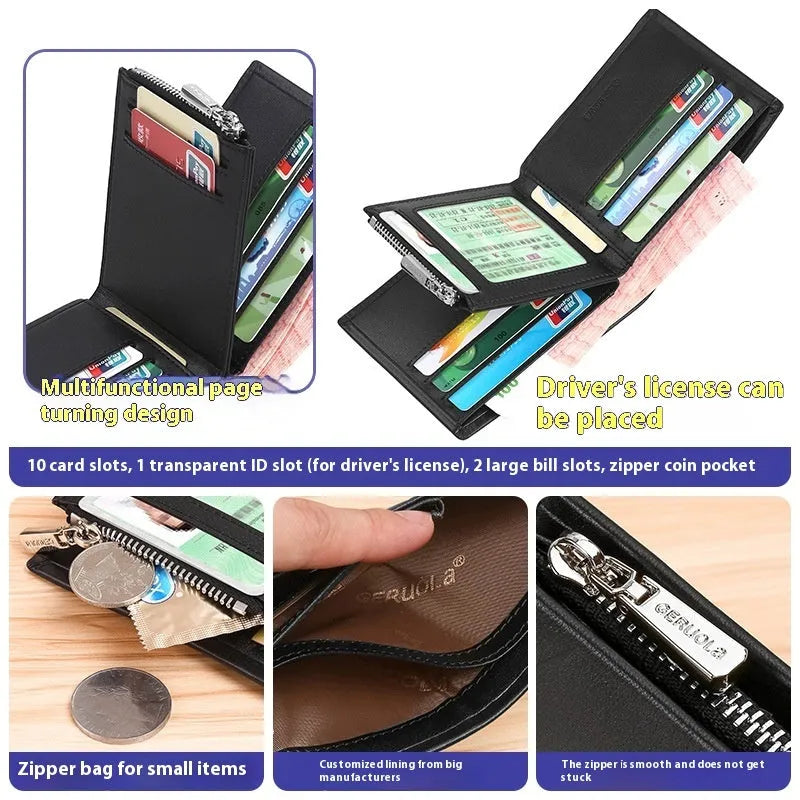 Men's brown leather zip wallet with rhombus pattern and anti-theft card protection