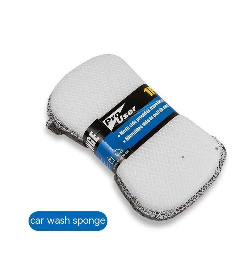 Grey microfiber 9-piece car wash cleaning set showing glove, sponge, tyre brush, waxing wipes and towels.