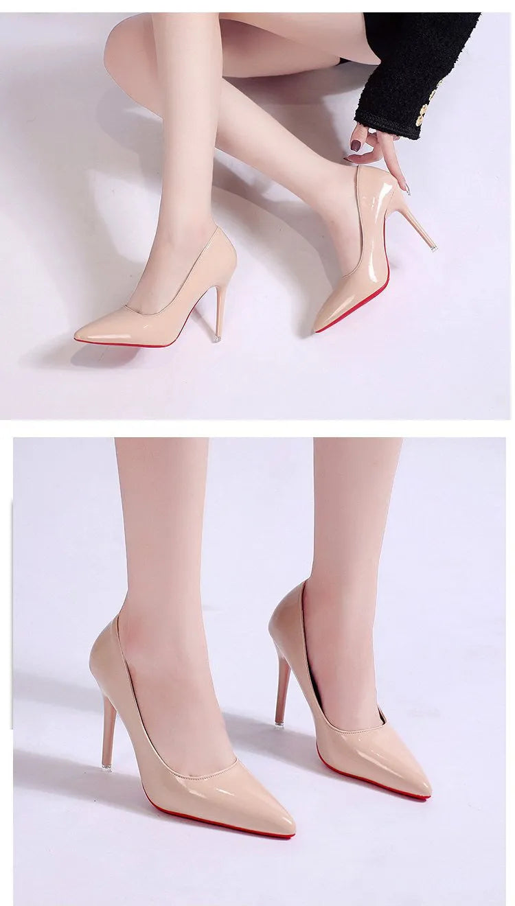 Women's black stiletto heel pump with pointed toe and shallow mouth on a rubber sole.